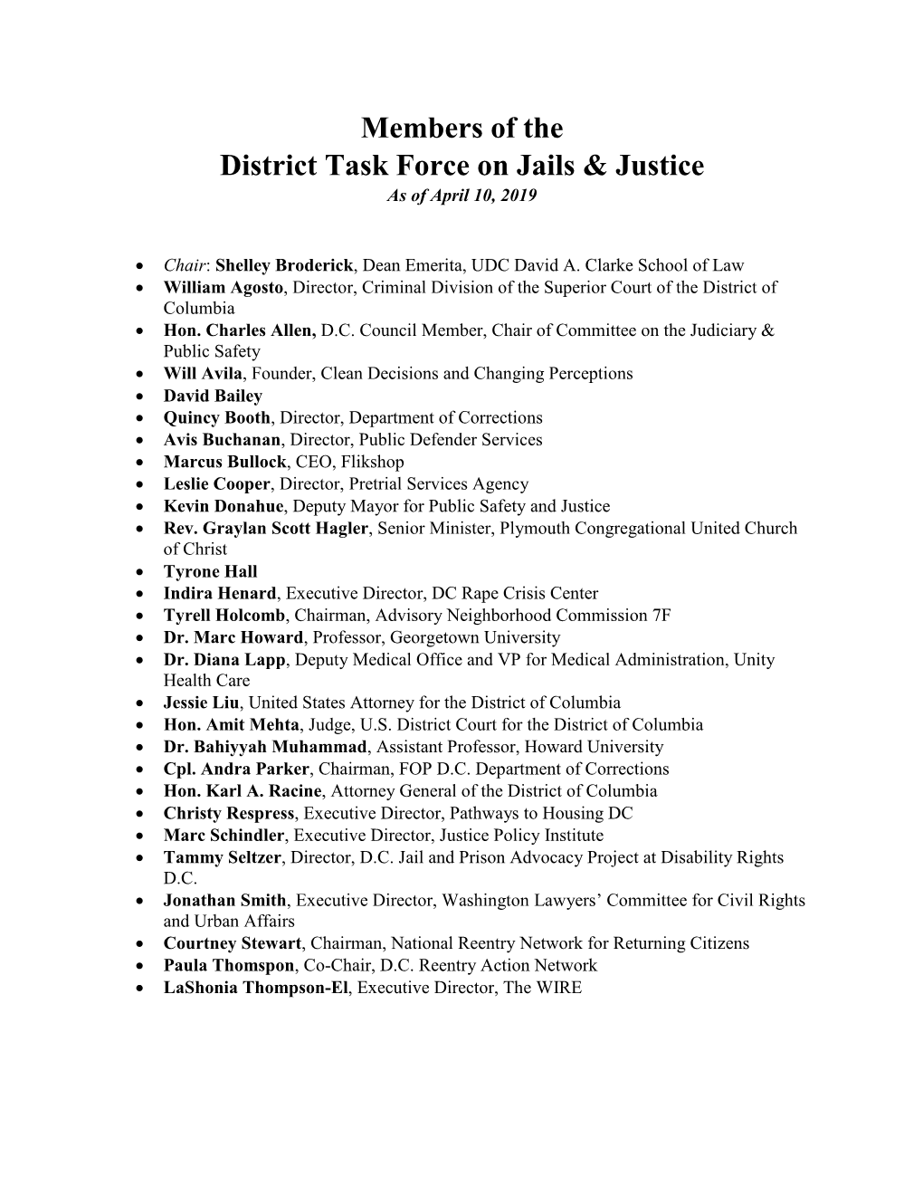 Members of the District Task Force on Jails & Justice