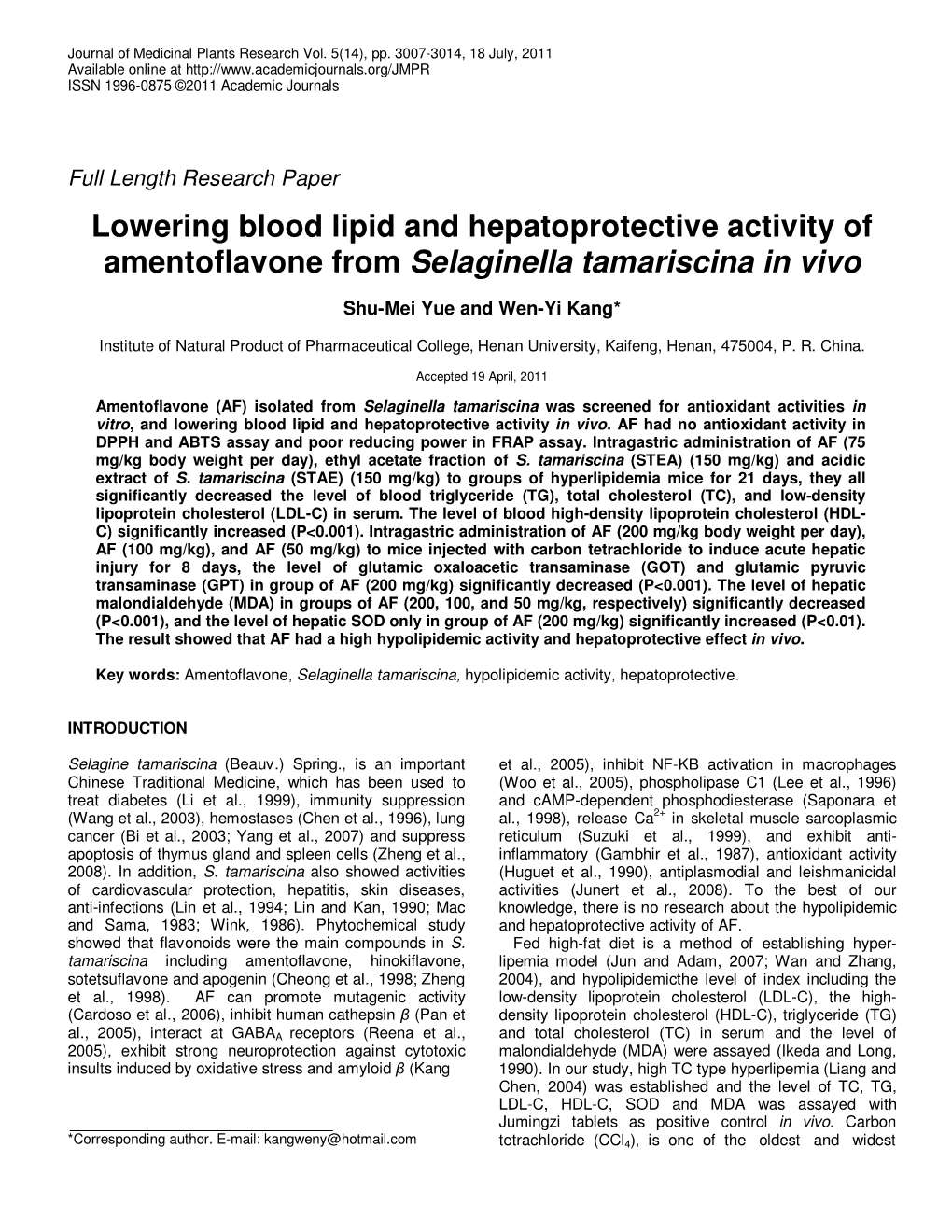Lowering Blood Lipid and Hepatoprotective Activity of Amentoflavone from Selaginella Tamariscina in Vivo