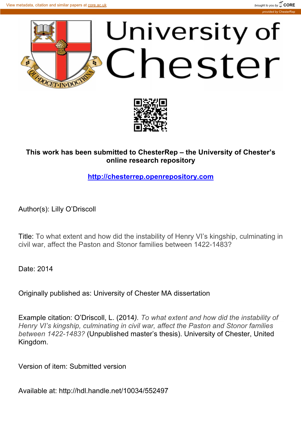 This Work Has Been Submitted to Chesterrep – the University of Chester’S Online Research Repository