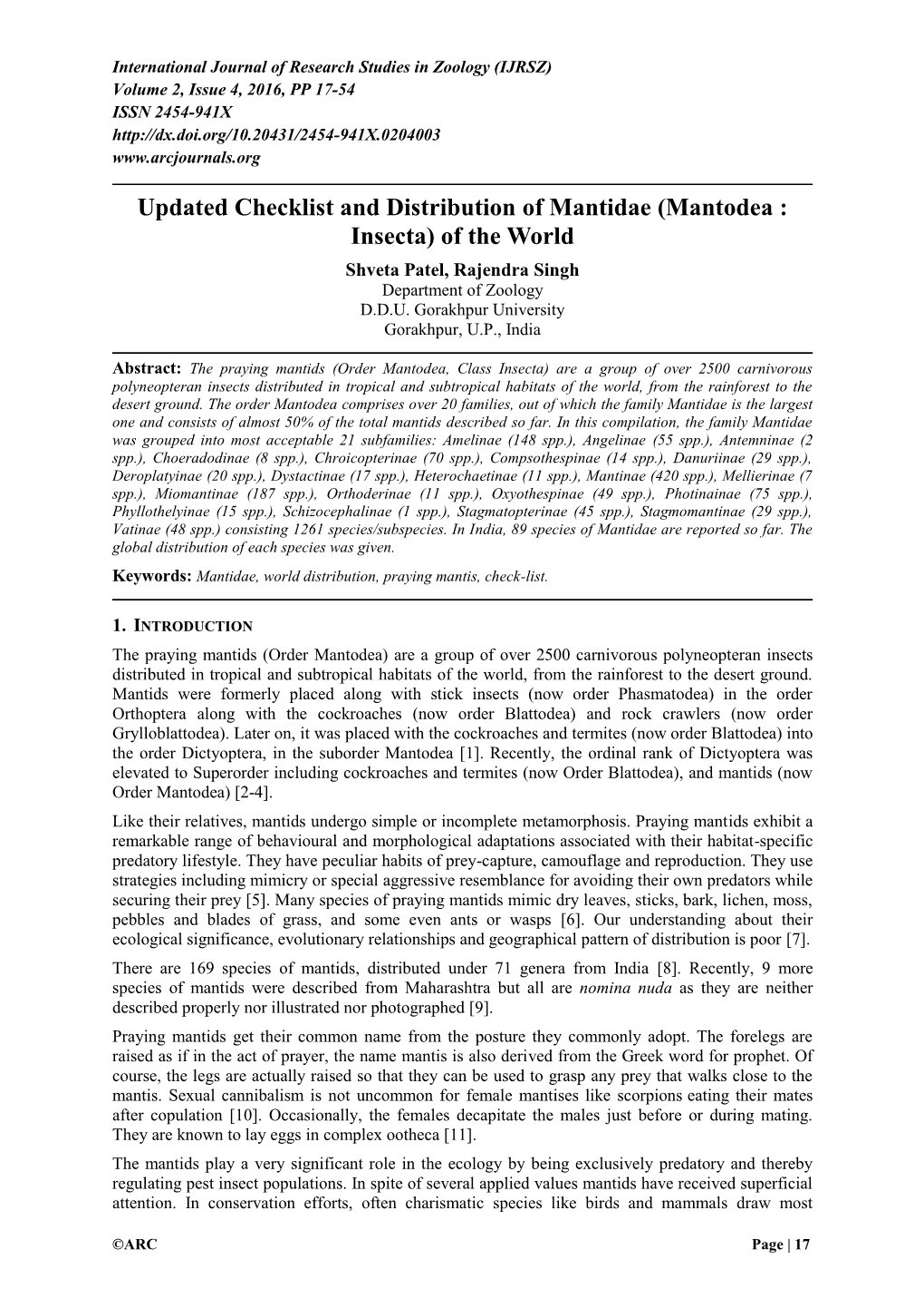 Updated Checklist and Distribution of Mantidae (Mantodea : Insecta) of the World Shveta Patel, Rajendra Singh Department of Zoology D.D.U