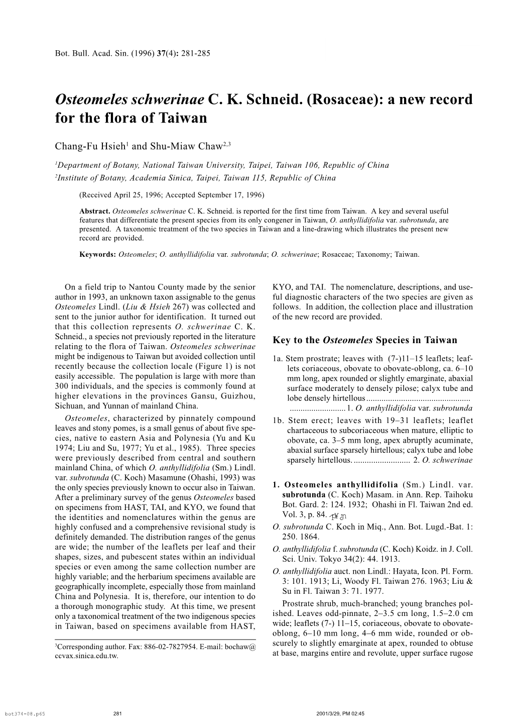 Osteomeles Schwerinae C. K. Schneid. (Rosaceae): a New Record for the Flora of Taiwan