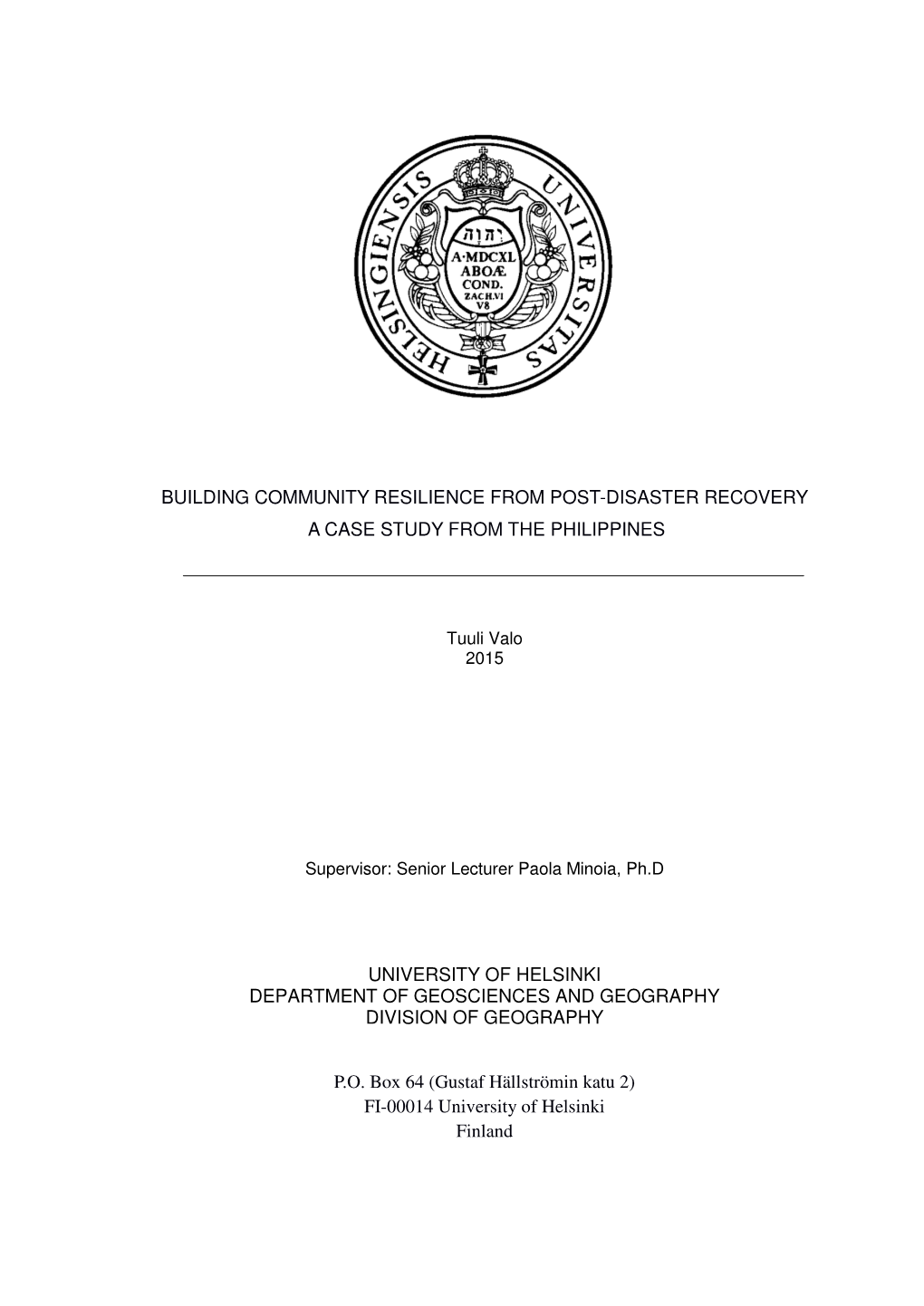 Building Community Resilience from Post-Disaster Recovery a Case Study from the Philippines