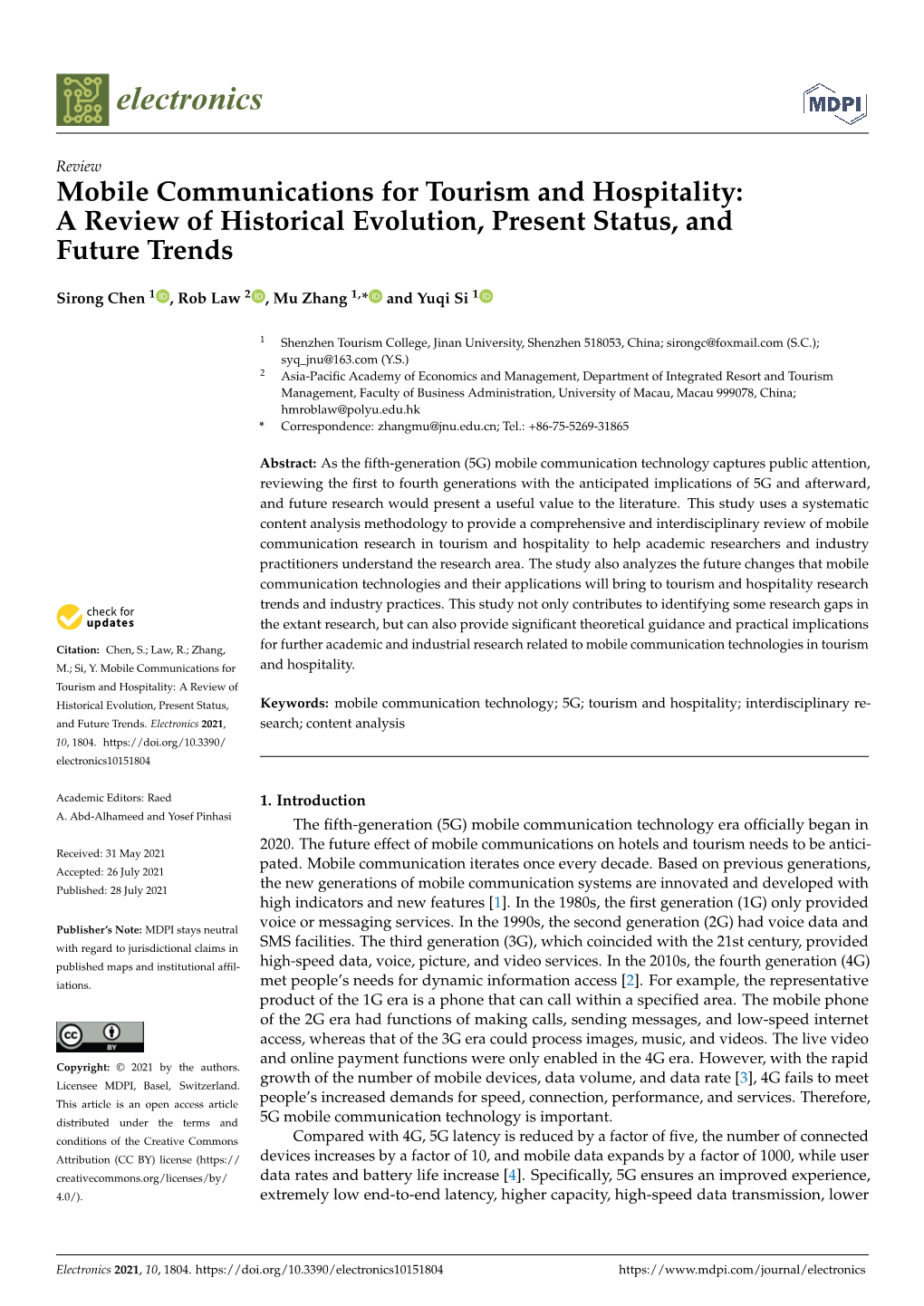 Mobile Communications for Tourism and Hospitality: a Review of Historical Evolution, Present Status, and Future Trends