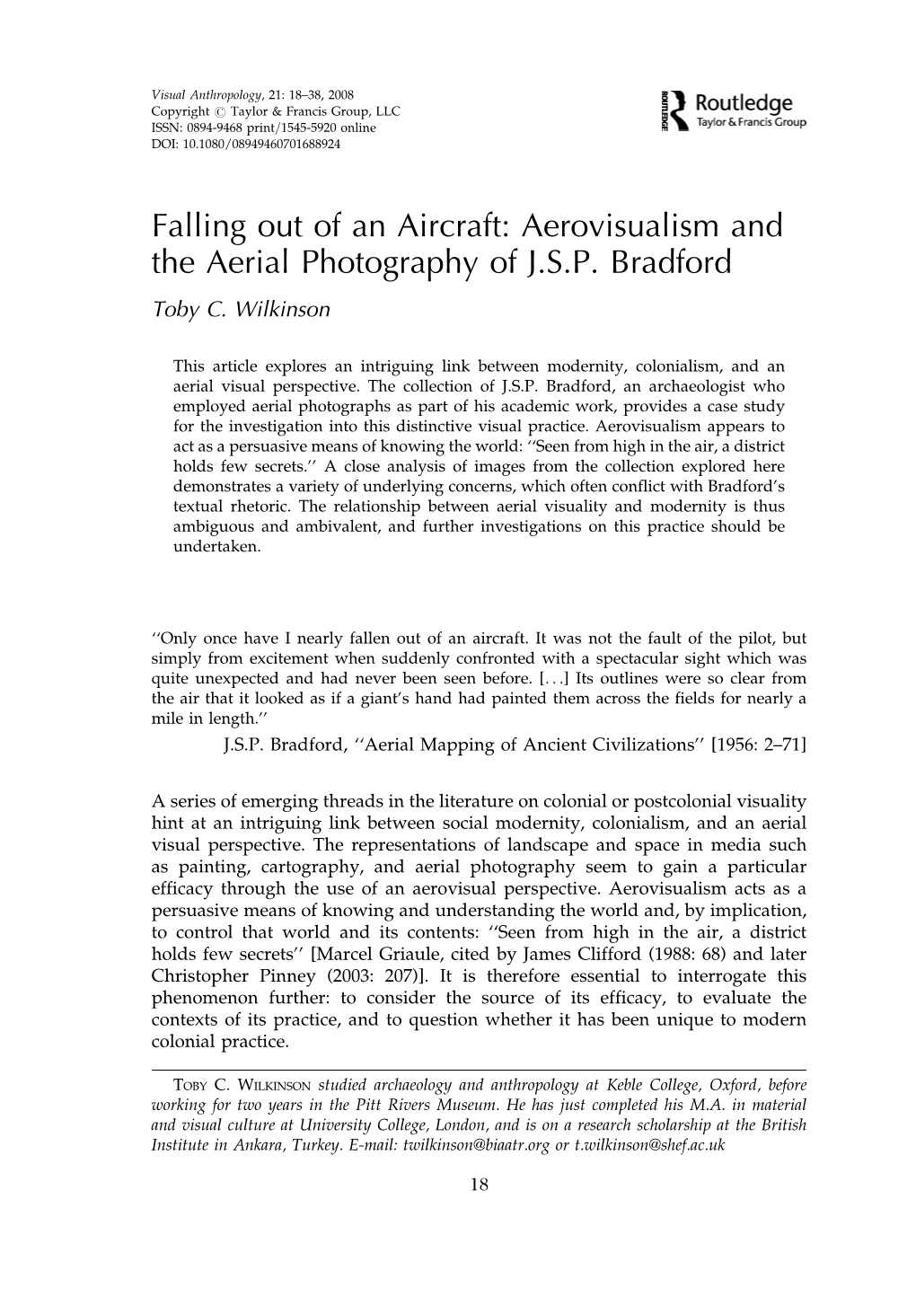 Falling out of an Aircraft: Aerovisualism and the Aerial Photography of J.S.P. Bradford