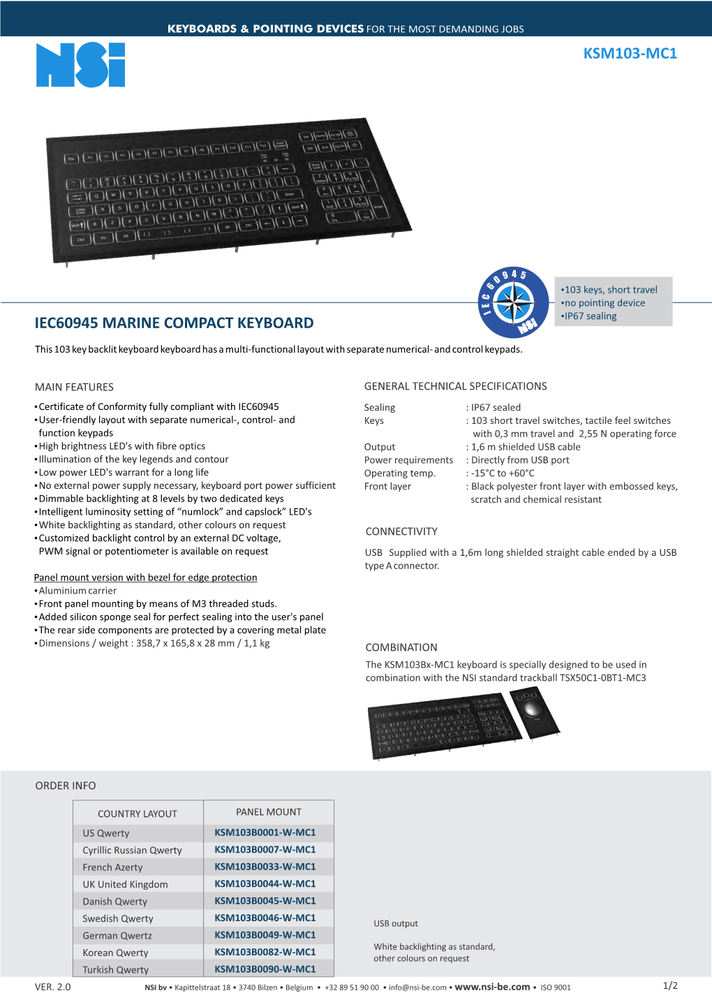 Iec60945 Marine Compact Keyboard Ksm103-Mc1