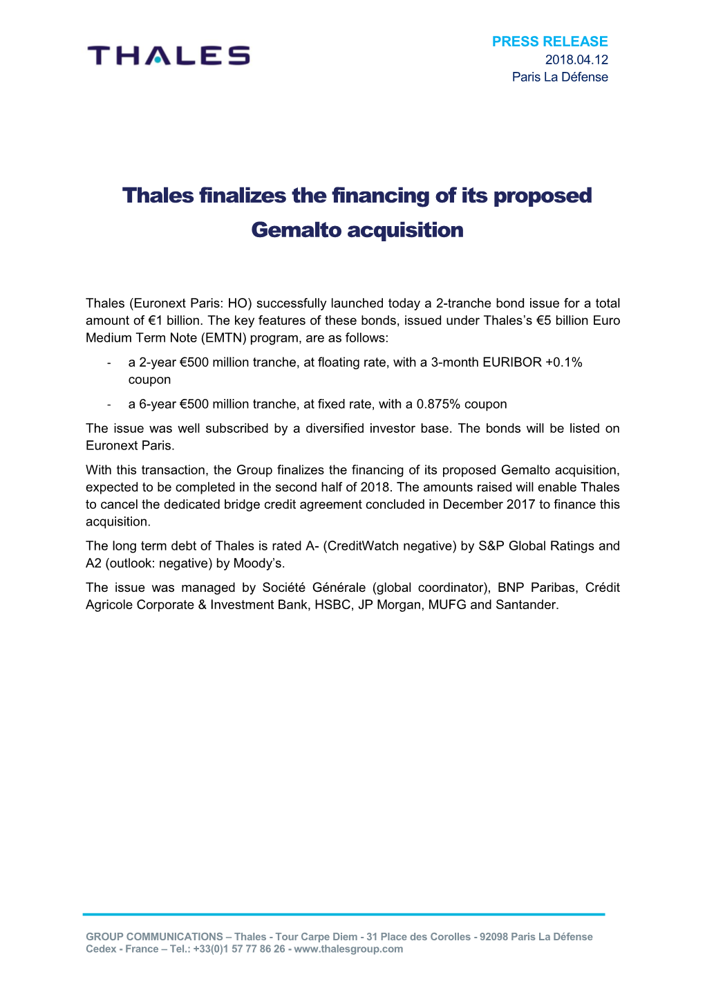 Thales Finalizes the Financing of Its Proposed Gemalto Acquisition