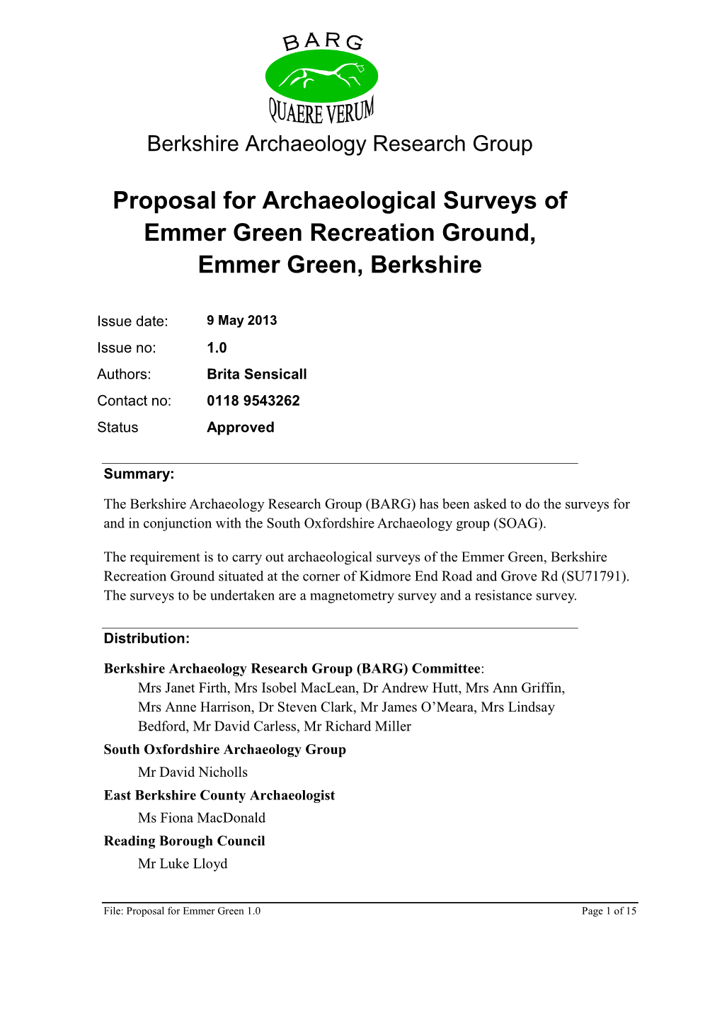 Proposal for Archaeological Surveys of Emmer Green Recreation Ground, Emmer Green, Berkshire