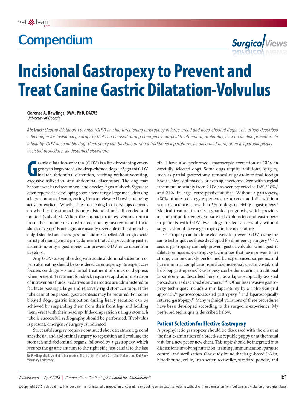 Incisional Gastropexy to Prevent and Treat Canine Gastric Dilatation-Volvulus