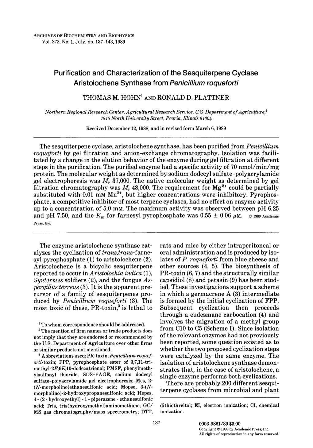 Purification and Characterization of the Sesquiterpene Cyclase Aristolochene Synthase from Penicillium Roqueforti