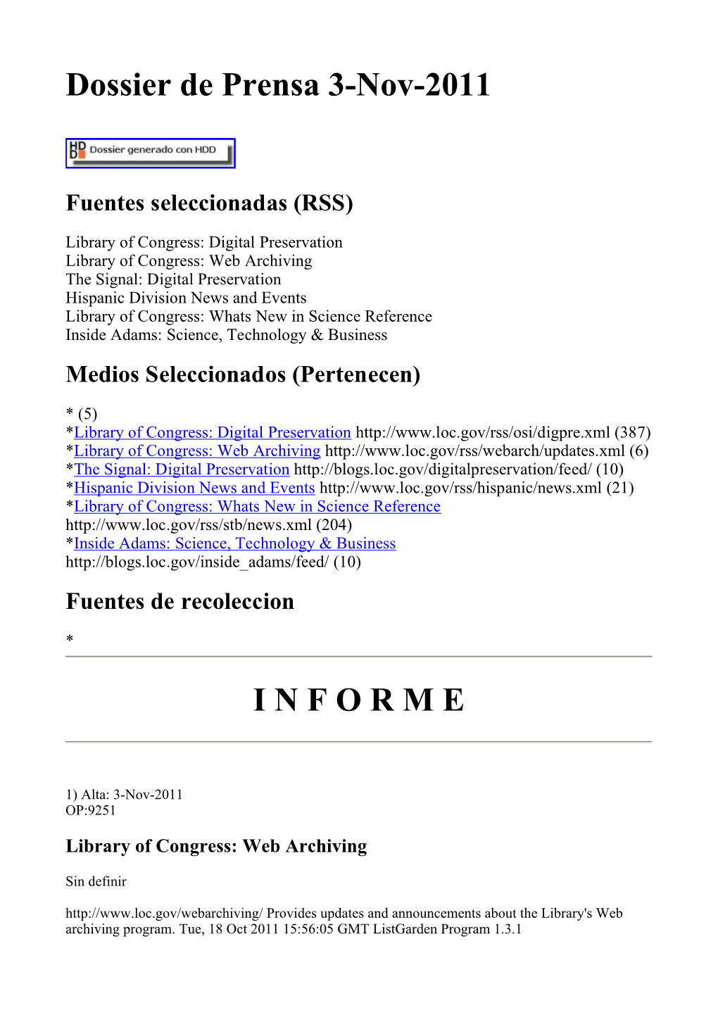 Dossier De Prensa 3-Nov-2011 I N F O R