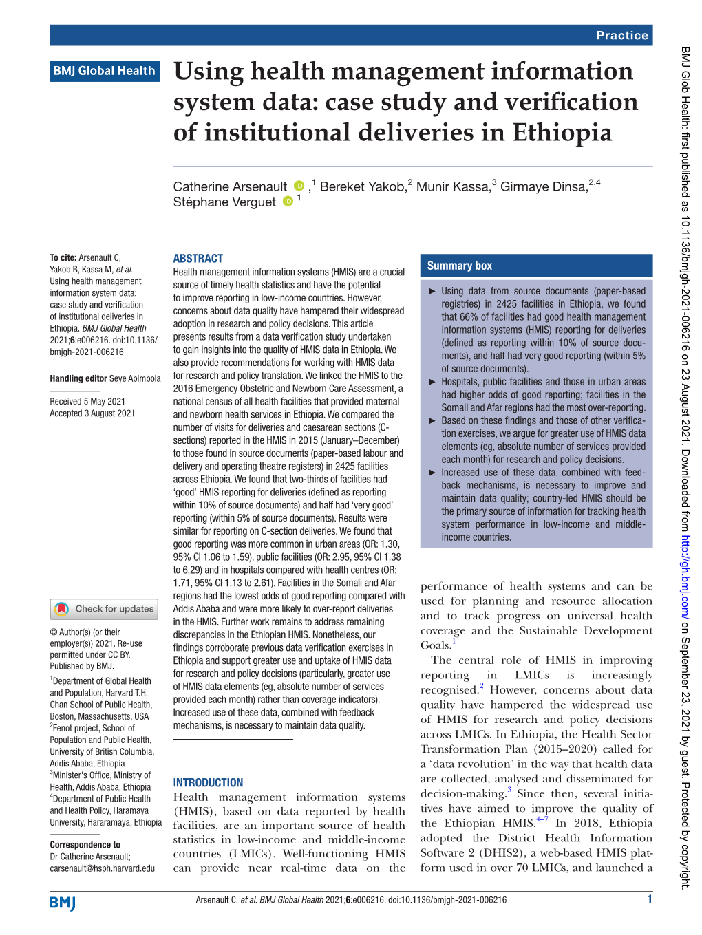 Case Study and Verification of Institutional Deliveries in Ethiopia