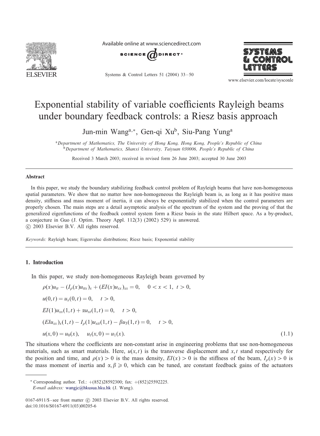 Exponential Stability of Variable Coe Cients Rayleigh Beams Under