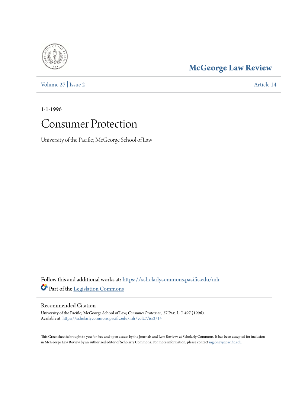 Consumer Protection University of the Pacific; Cm George School of Law