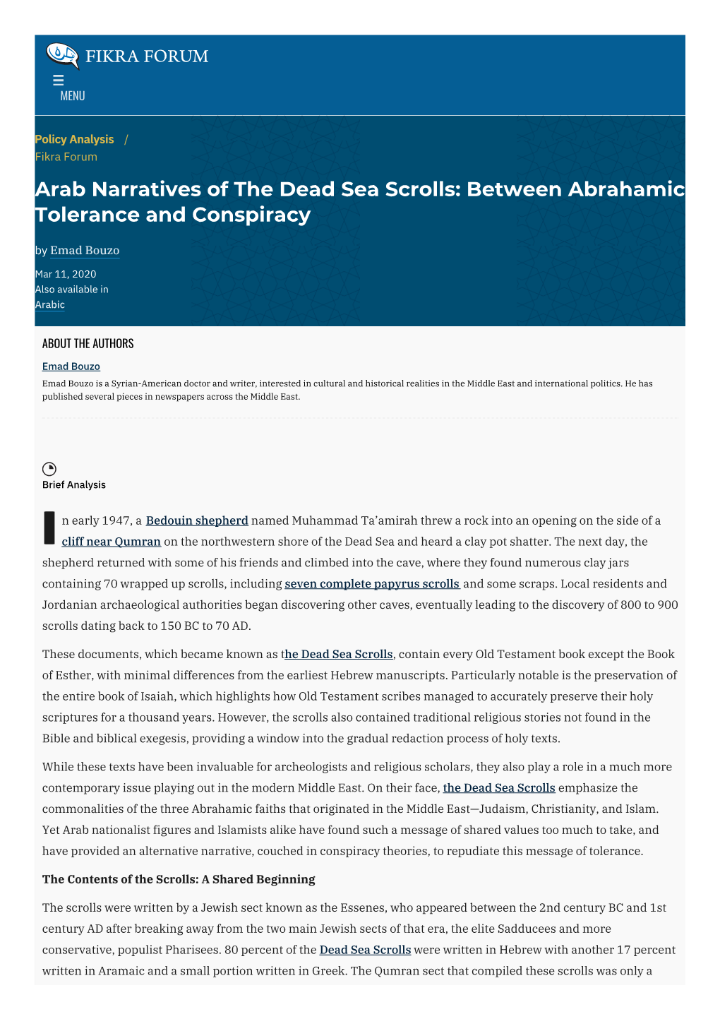 Arab Narratives of the Dead Sea Scrolls: Between Abrahamic Tolerance and Conspiracy by Emad Bouzo