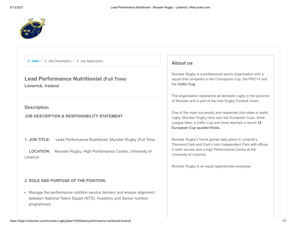 Lead Performance Nutritionist - Munster Rugby - Limerick | Hirelocker.Com