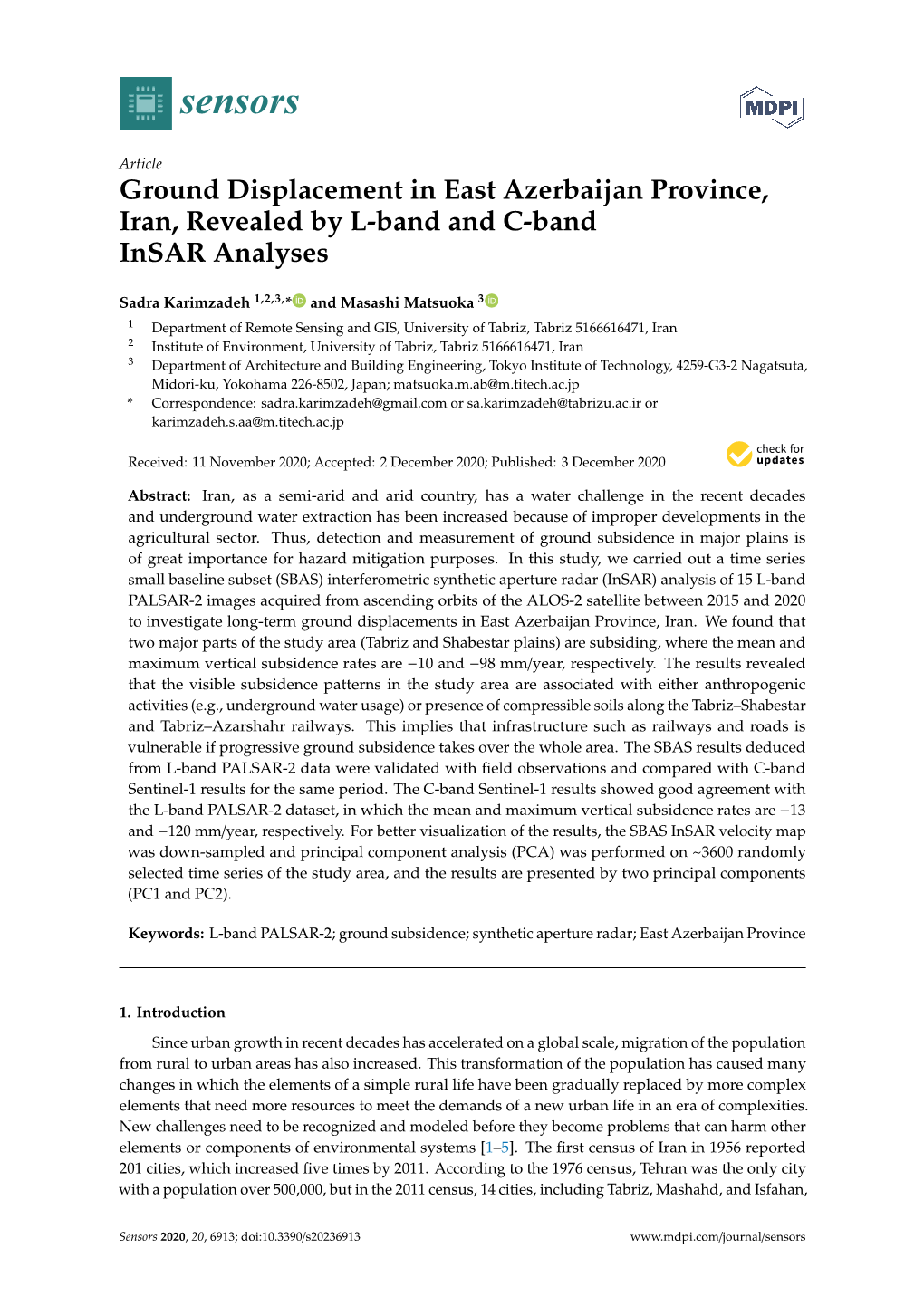 Ground Displacement in East Azerbaijan Province, Iran, Revealed by L-Band and C-Band Insar Analyses