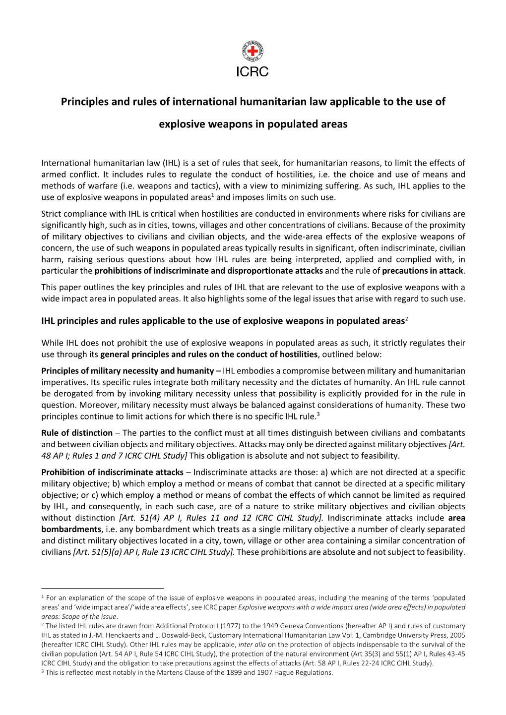 Principles and Rules of International Humanitarian Law Applicable to the Use of Explosive Weapons in Populated Areas