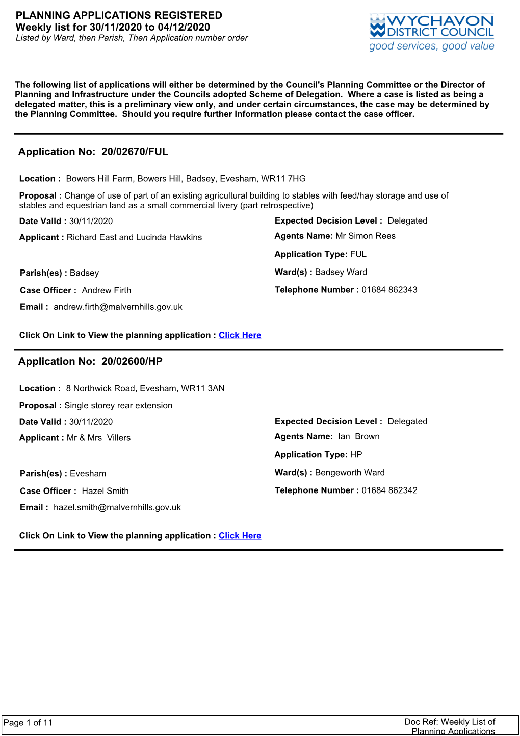 PLANNING APPLICATIONS REGISTERED Weekly List for 30/11/2020 to 04/12/2020 Listed by Ward, Then Parish, Then Application Number Order