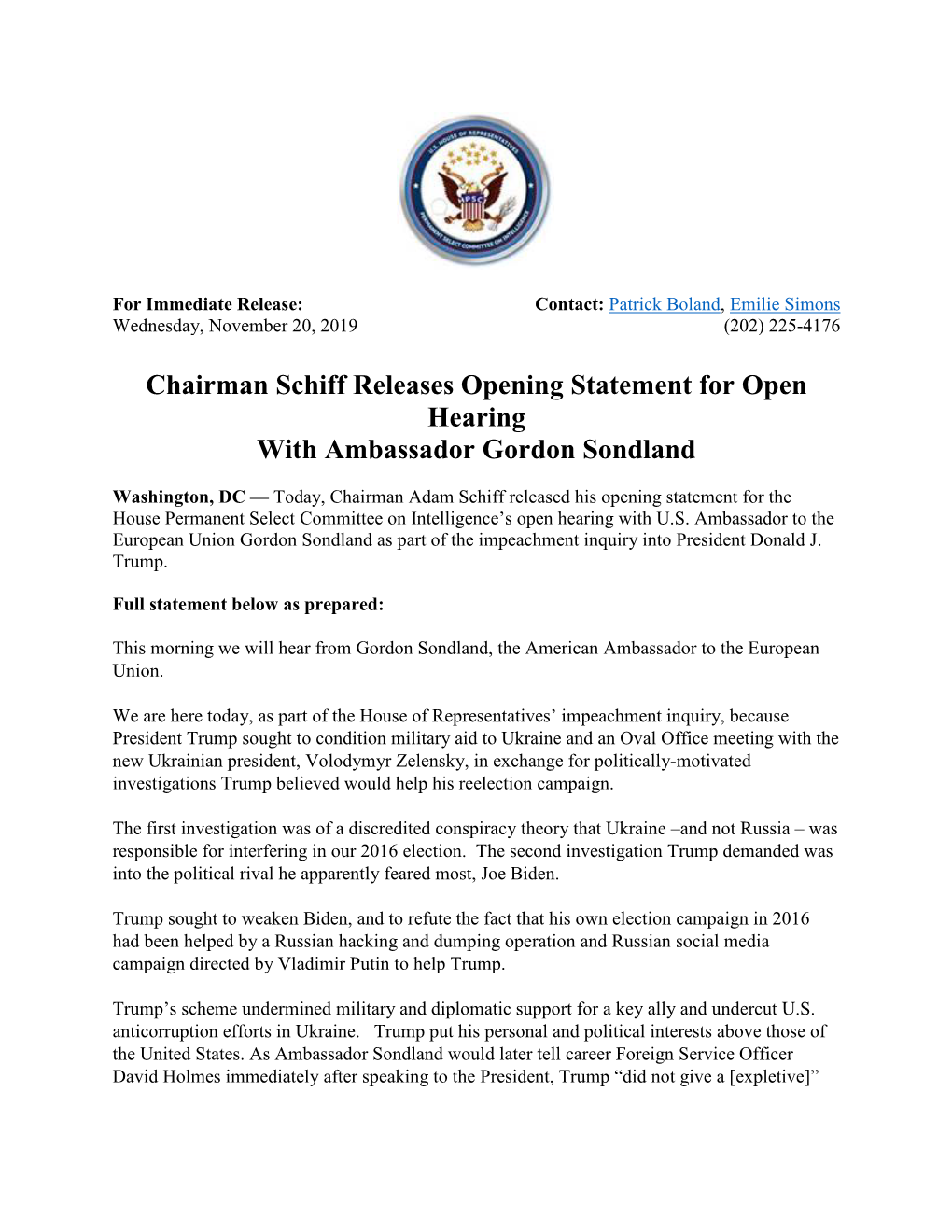 Chairman Schiff Releases Opening Statement for Open Hearing with Ambassador Gordon Sondland