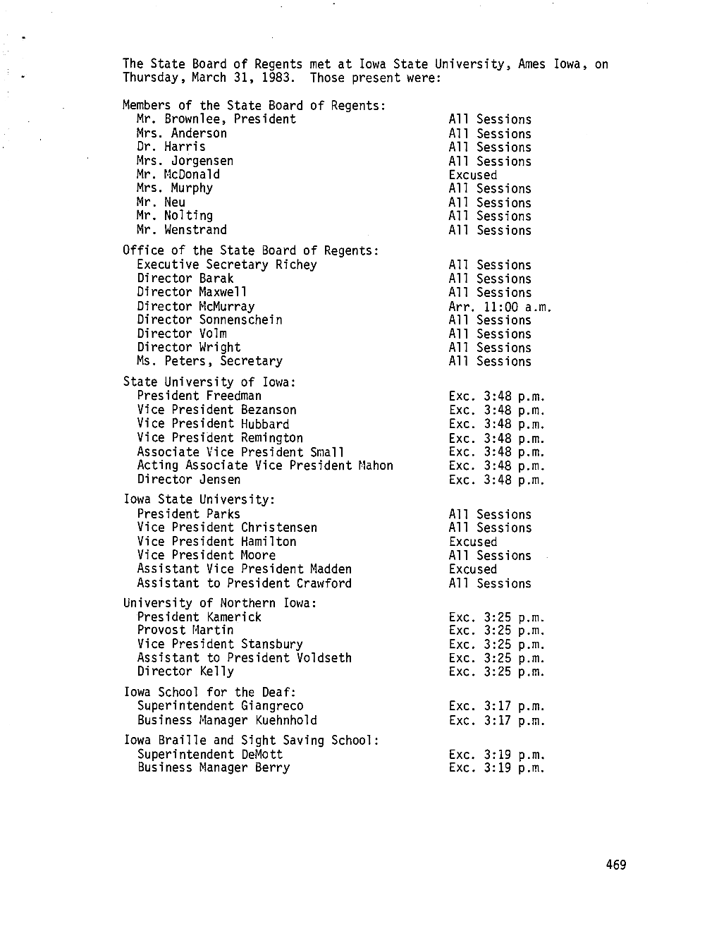 The State Board of Regents Met at Iowa State University, Ames Iowa, on Thursday, March 31, 1983