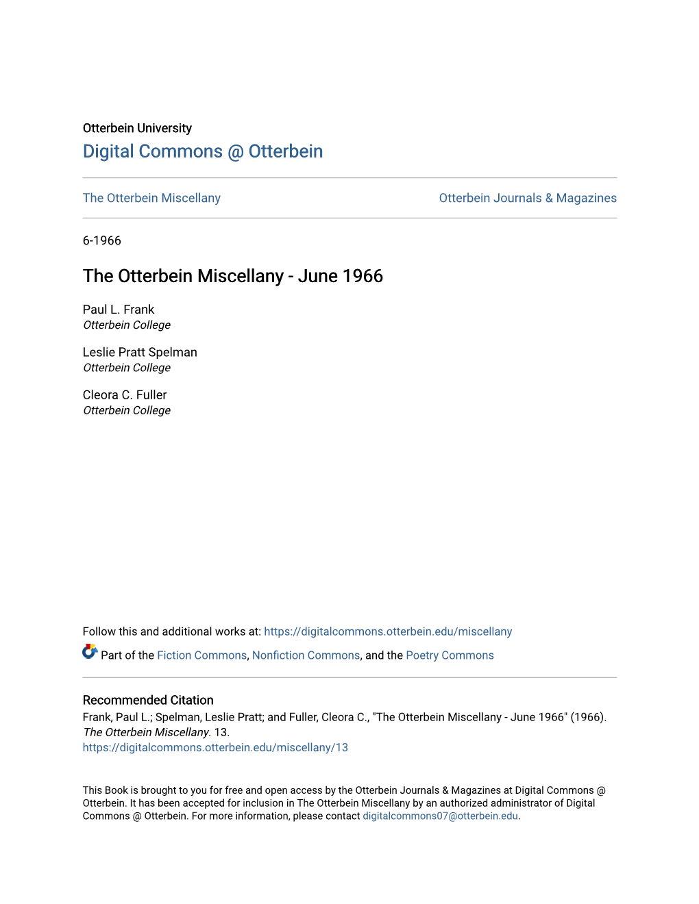 The Otterbein Miscellany Otterbein Journals & Magazines