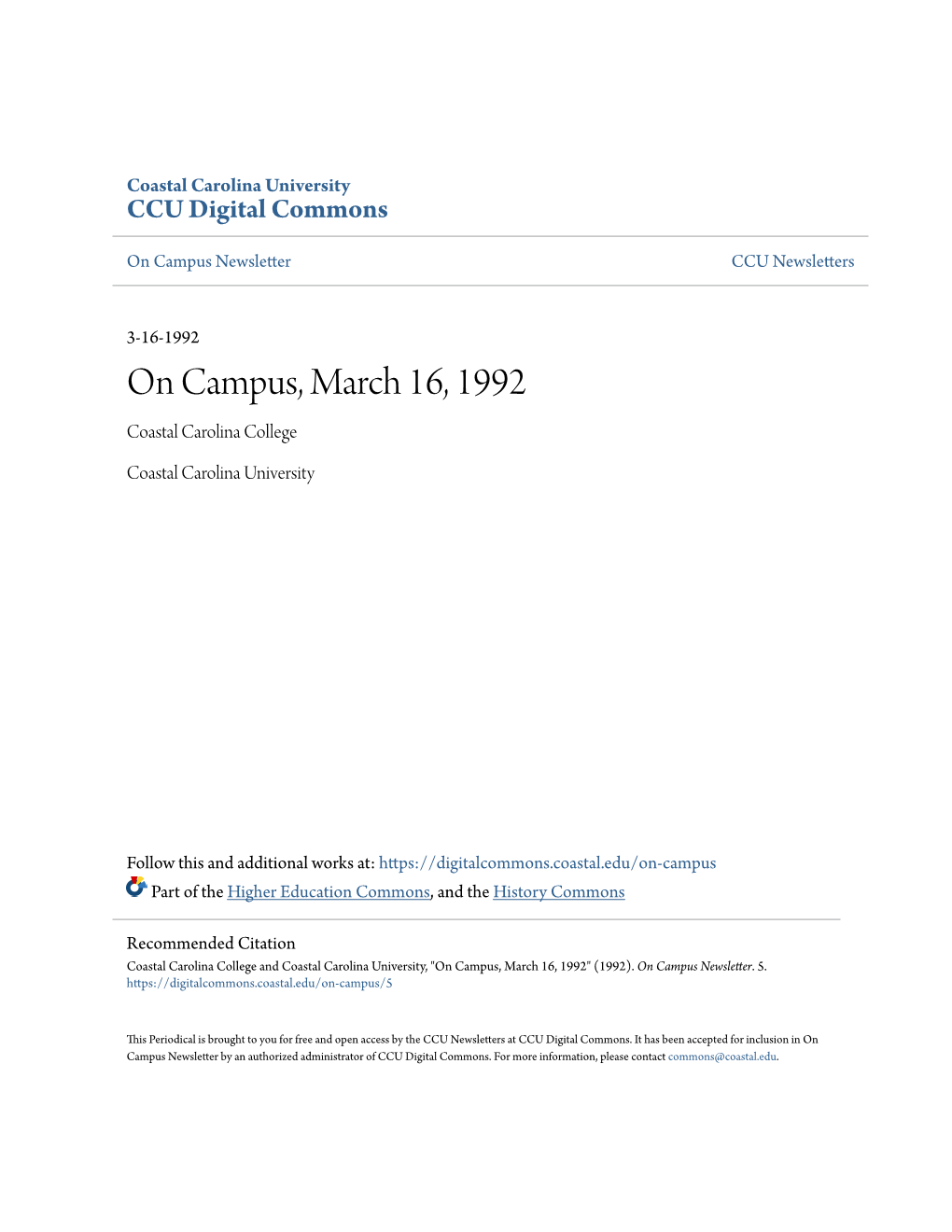 On Campus, March 16, 1992 Coastal Carolina College