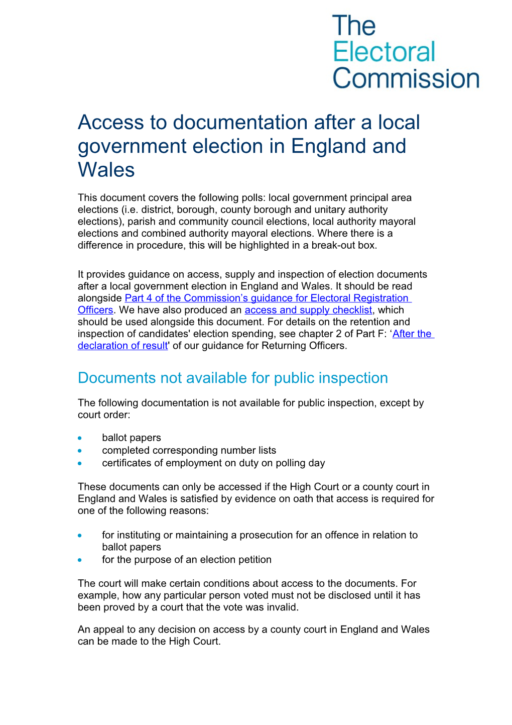 Guidance on the Retention and Inspection of Election Documents LGEW