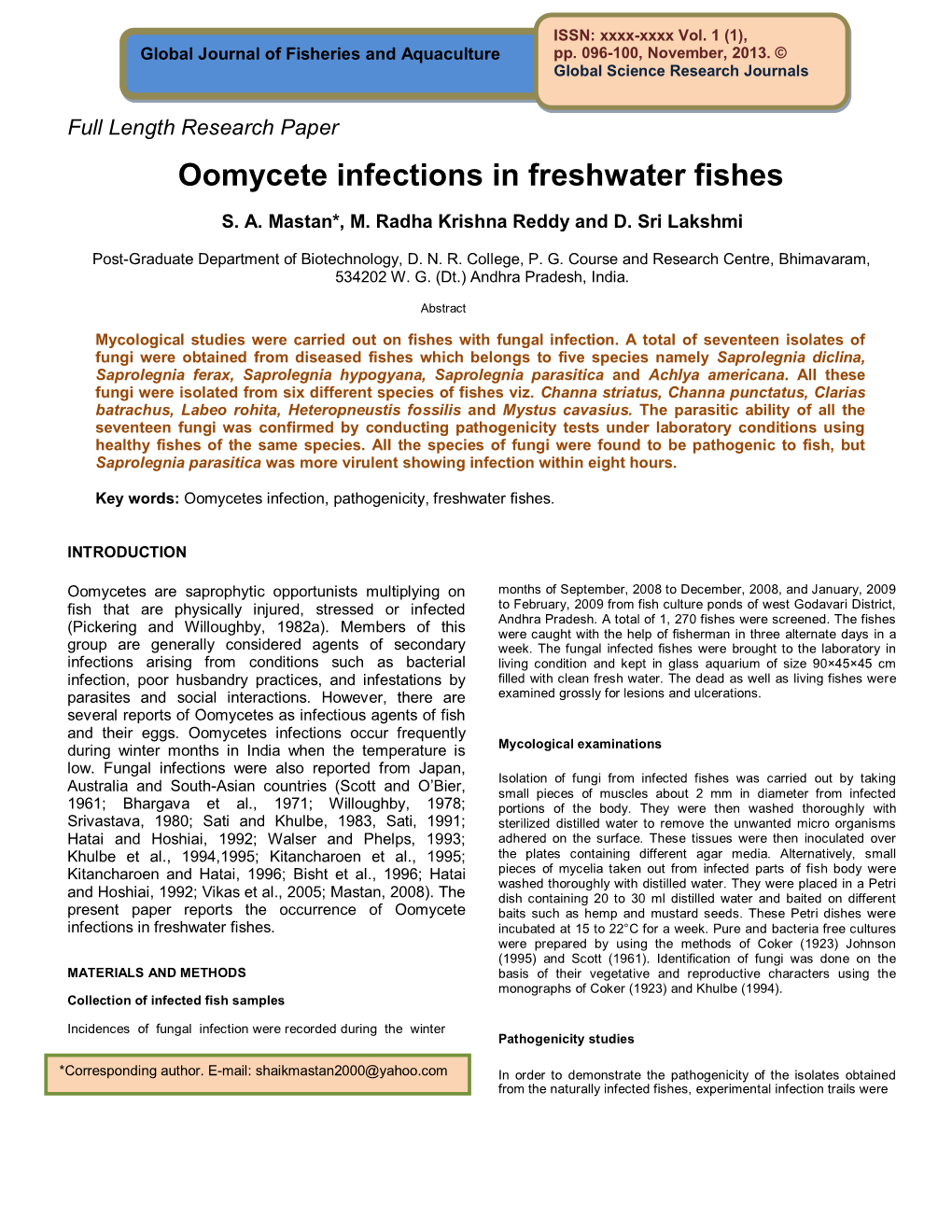 Oomycete Infections in Freshwater Fishes