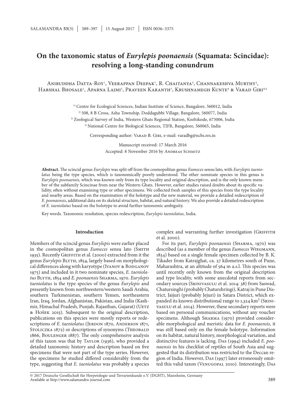 On the Taxonomic Status of Eurylepis Poonaensis (Squamata: Scincidae): Resolving a Long-Standing Conundrum