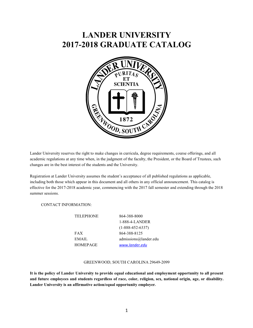 Lander University 2017-2018 Graduate Catalog