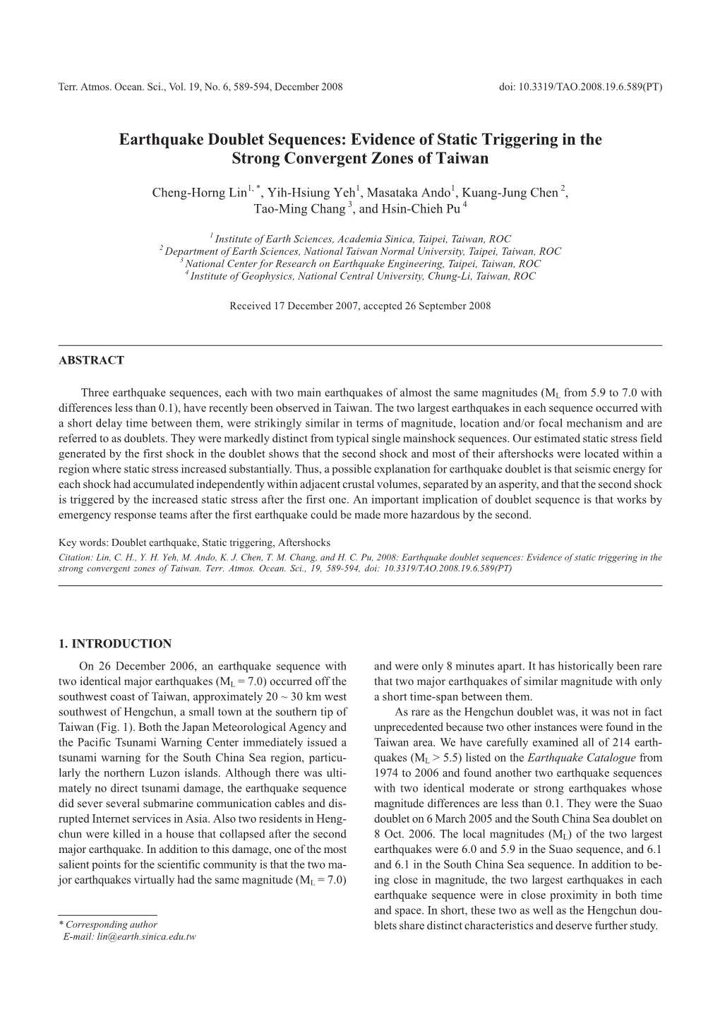 Earthquake Doublet Sequences: Evidence of Static Triggering in the Strong Convergent Zones of Taiwan