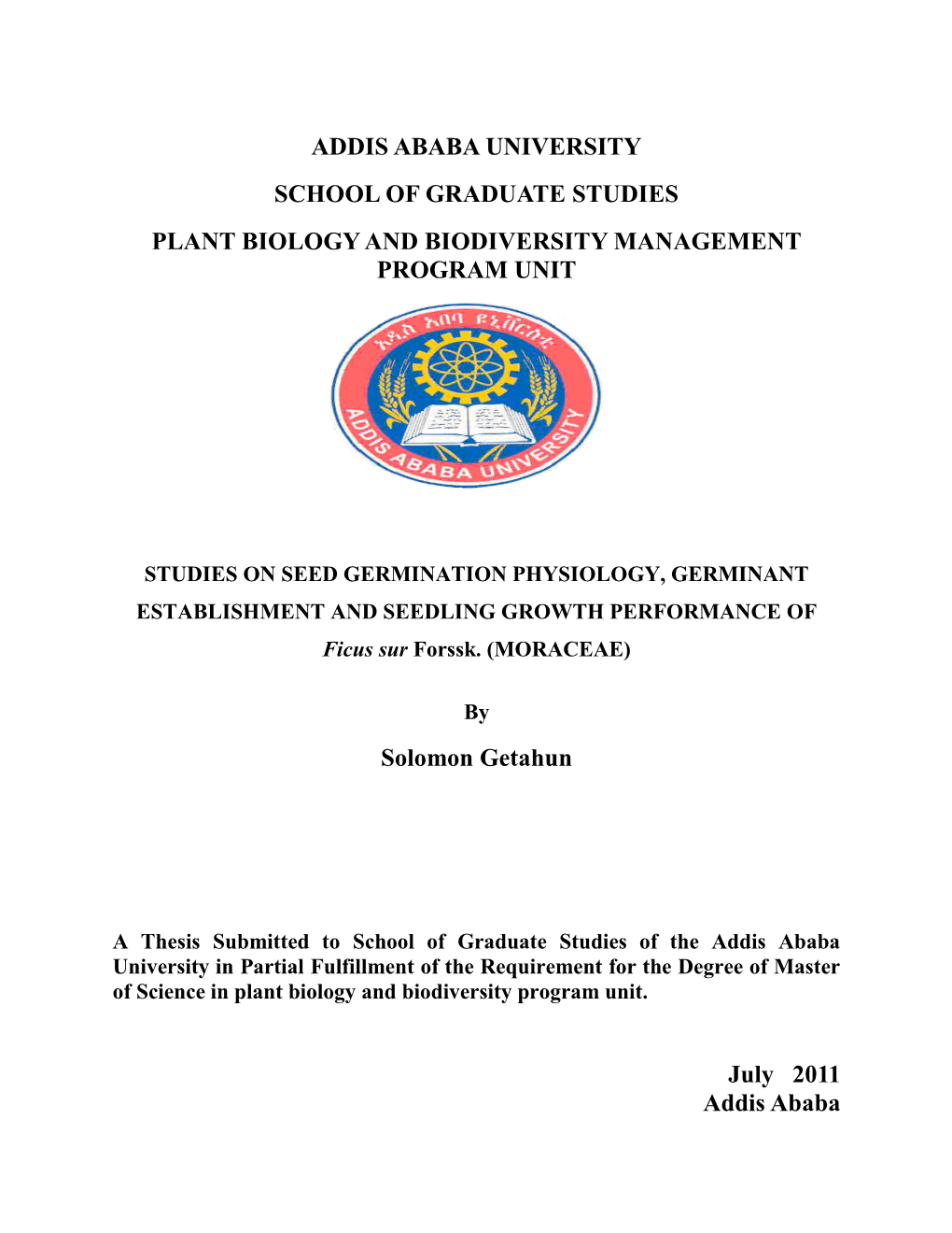 Addis Ababa University School of Graduate Studies Plant Biology and Biodiversity Management Program Unit