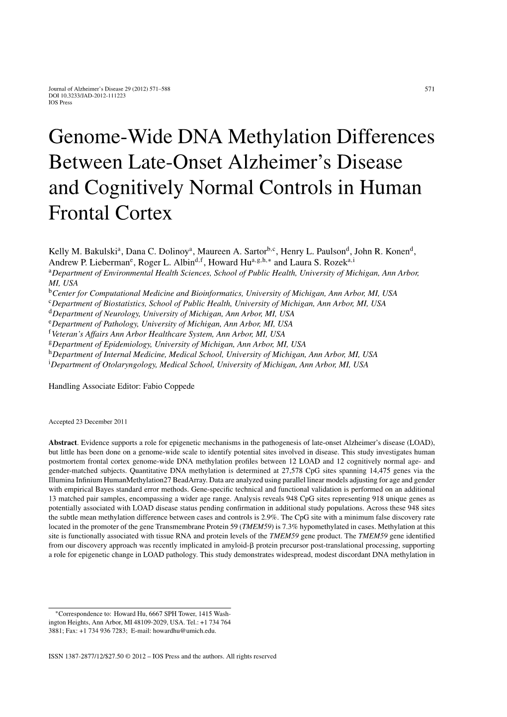 Genome-Wide DNA Methylation Differences Between Late-Onset Alzheimer’S Disease and Cognitively Normal Controls in Human Frontal Cortex