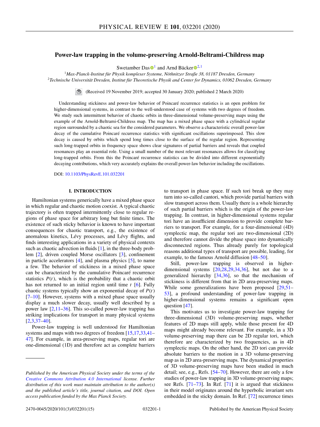 Power-Law Trapping in the Volume-Preserving Arnold-Beltrami-Childress Map