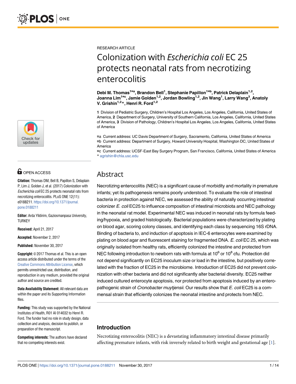 Colonization with Escherichia Coli EC 25 Protects Neonatal Rats from Necrotizing Enterocolitis