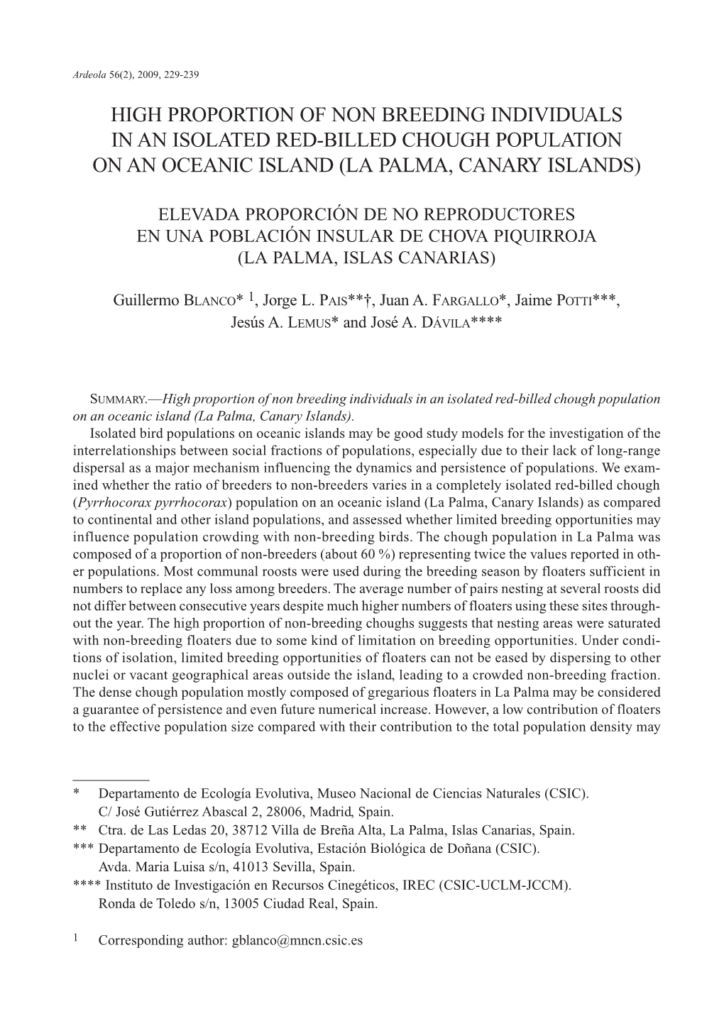 High Proportion of Non Breeding Individuals in an Isolated Red-Billed Chough Population on an Oceanic Island (La Palma, Canary Islands)