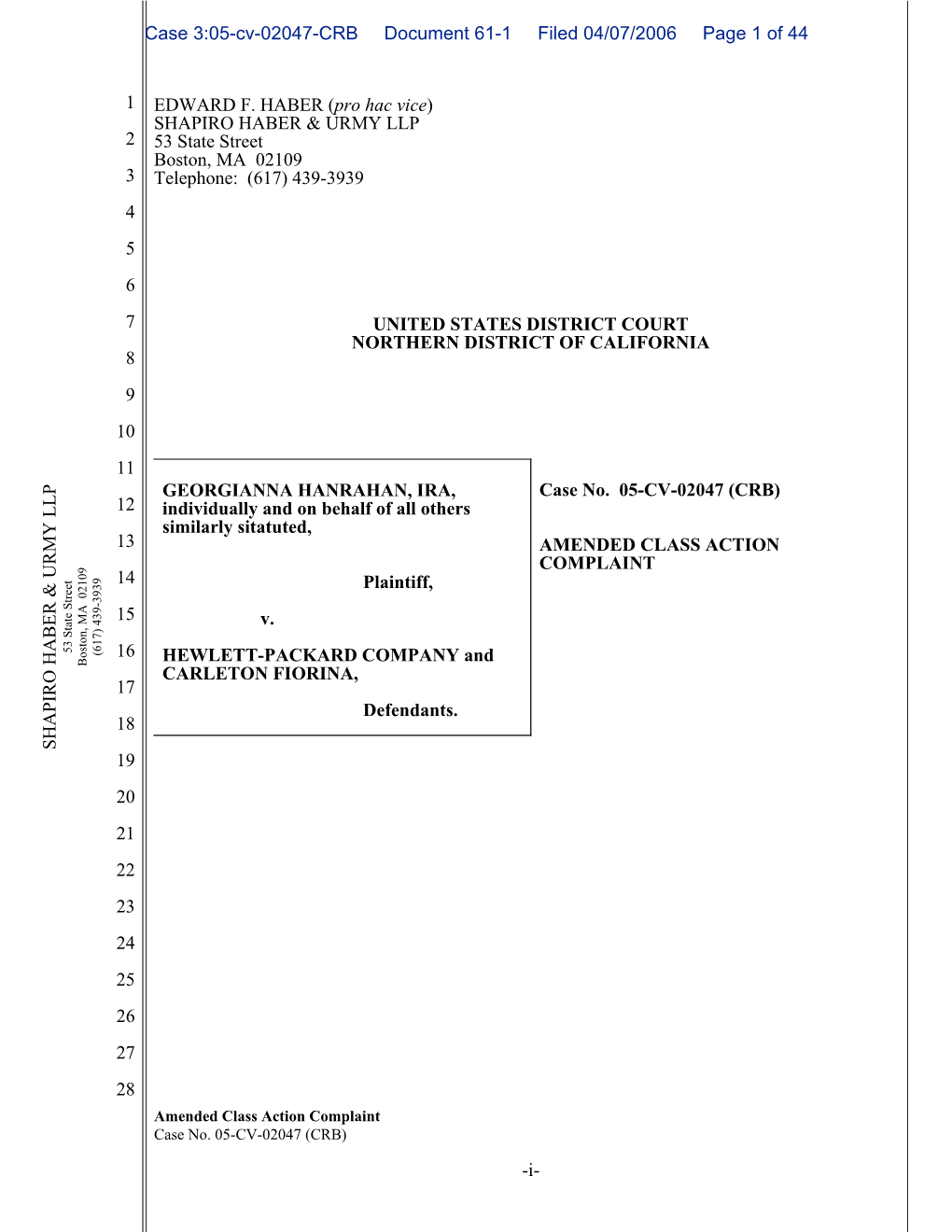 Georgianna Hanrahan, IRA, Et Al. V. Hewlett-Packard Company, Et Al. 05