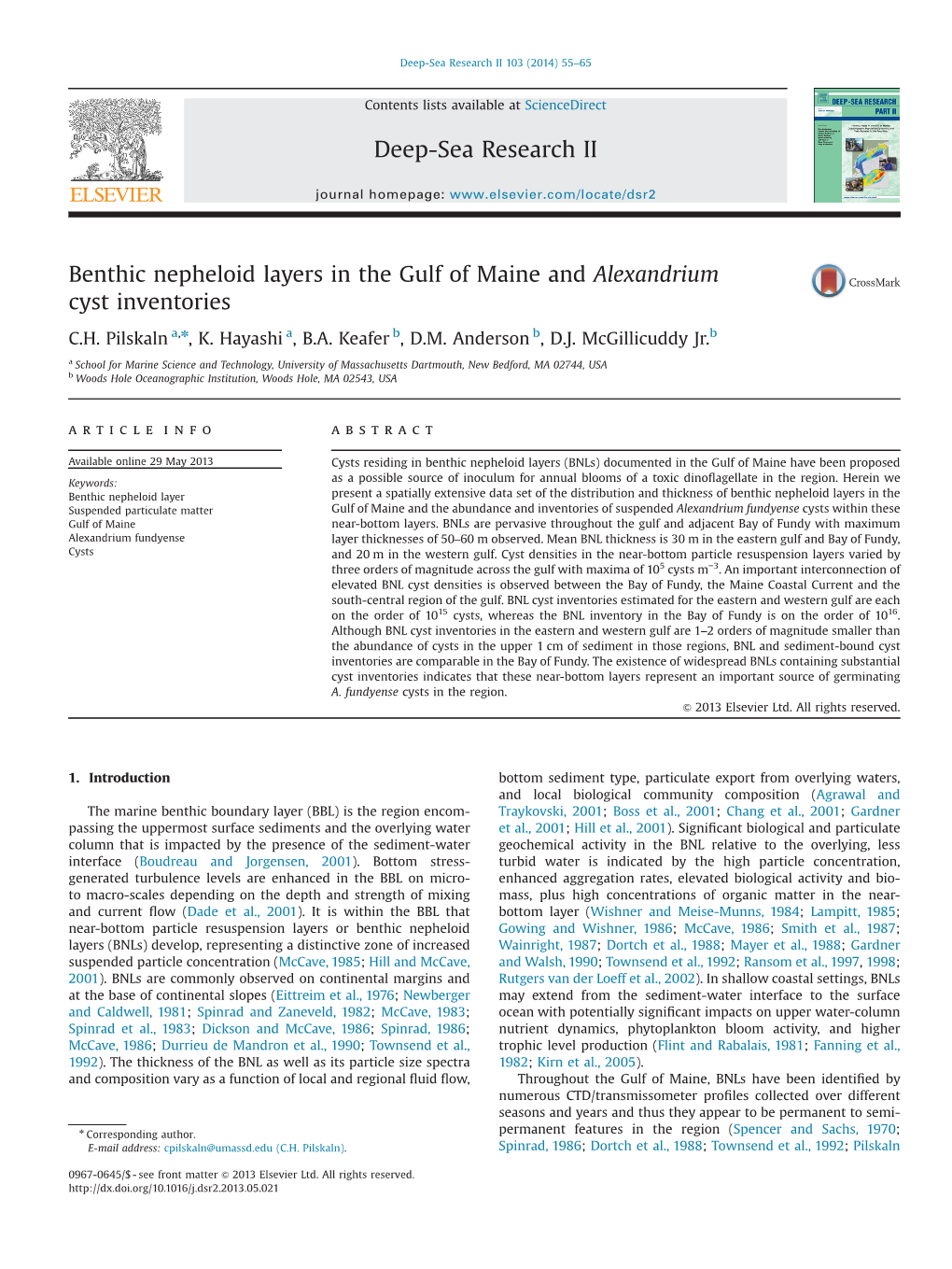 Benthic Nepheloid Layers in the Gulf of Maine and Alexandrium Cyst Inventories