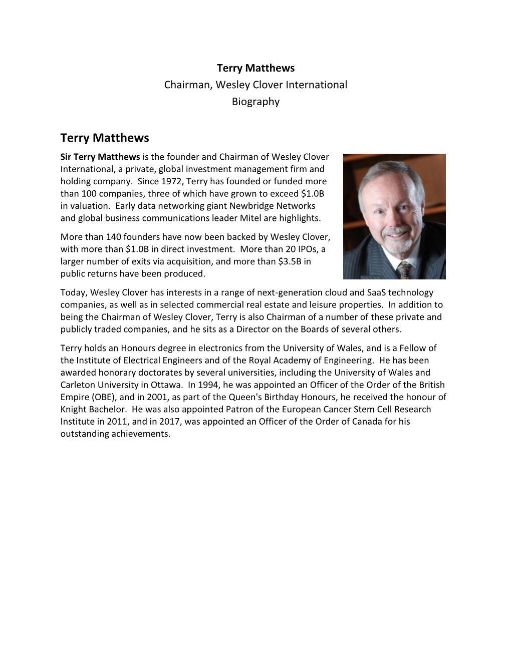 Terry Matthews Chairman, Wesley Clover International Biography