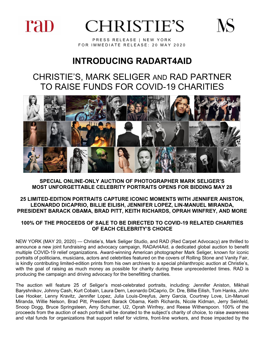 Introducing Radart4aid Christie's, Mark Seliger And