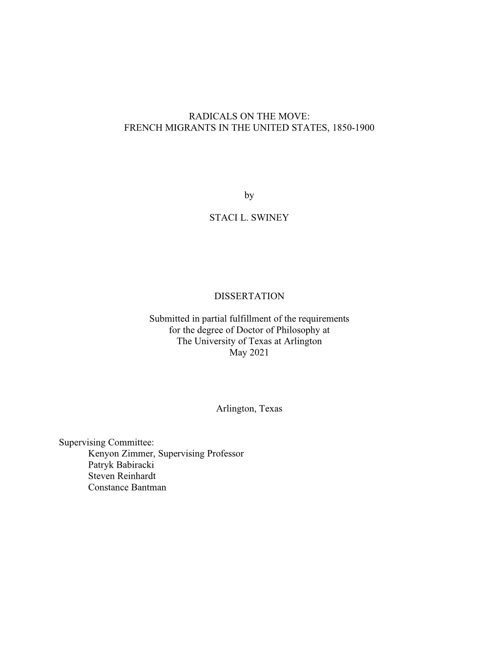 FRENCH MIGRANTS in the UNITED STATES, 1850-1900 by STACI L