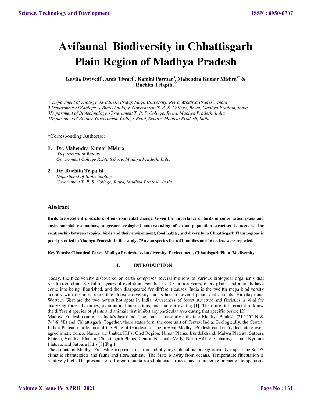Avifaunal Biodiversity in Chhattisgarh Plain Region of Madhya Pradesh