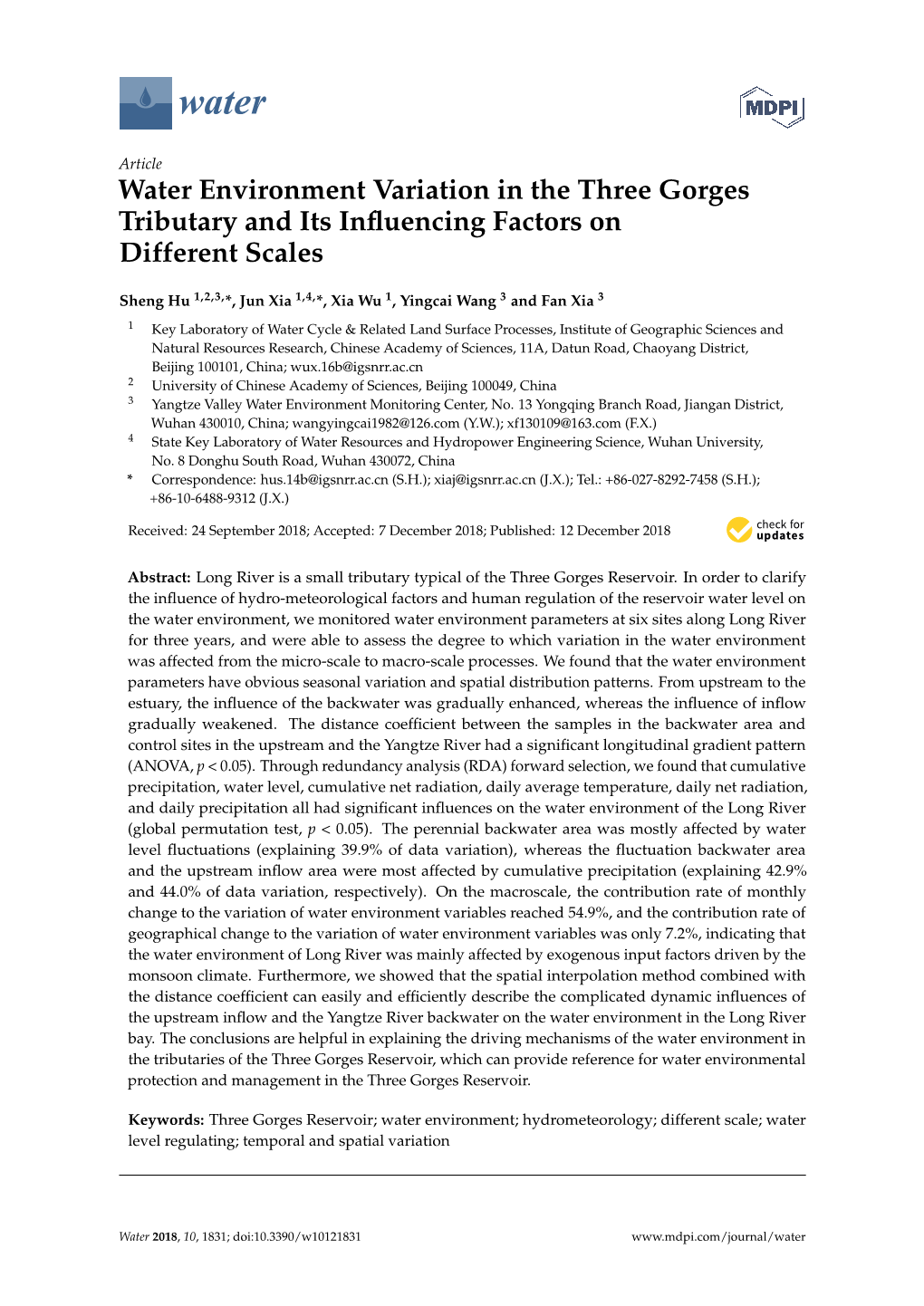 Water Environment Variation in the Three Gorges Tributary and Its Inﬂuencing Factors on Different Scales