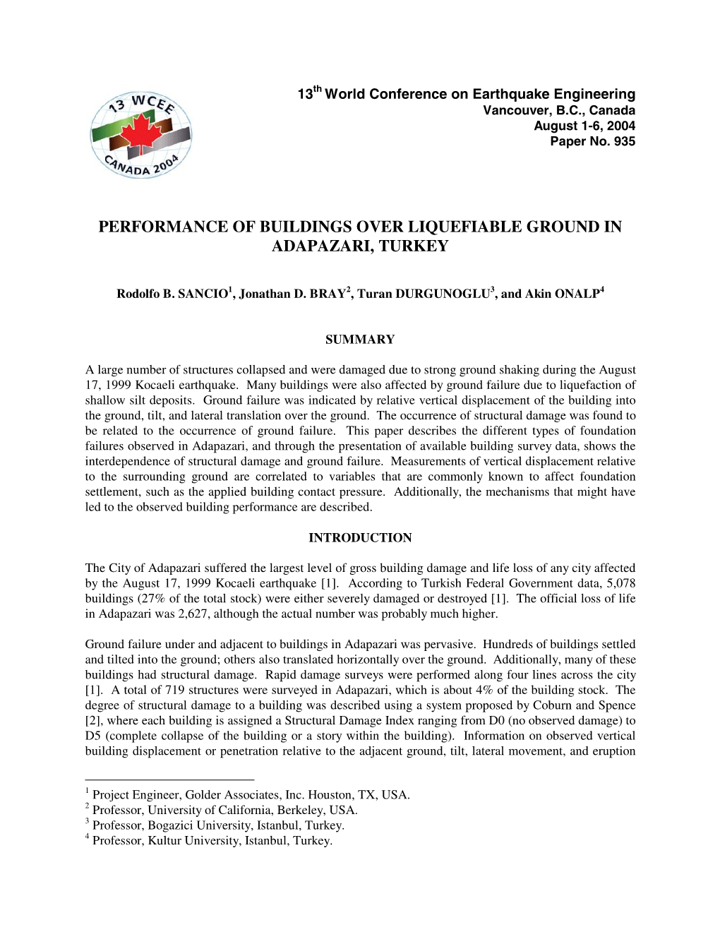 Performance of Buildings Over Liquefiable Ground in Adapazari, Turkey