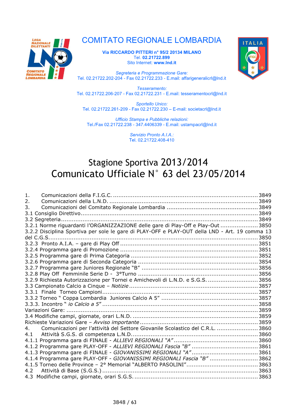 Comunicato Regionale Lombardia N. 63 Del 23 Maggio 2014