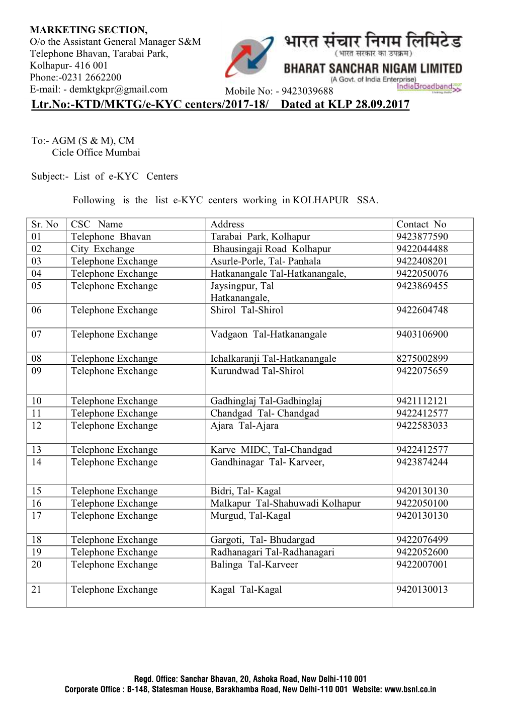 Ltr.No:-KTD/MKTG/E-KYC Centers/2017-18/ Dated at KLP 28.09.2017