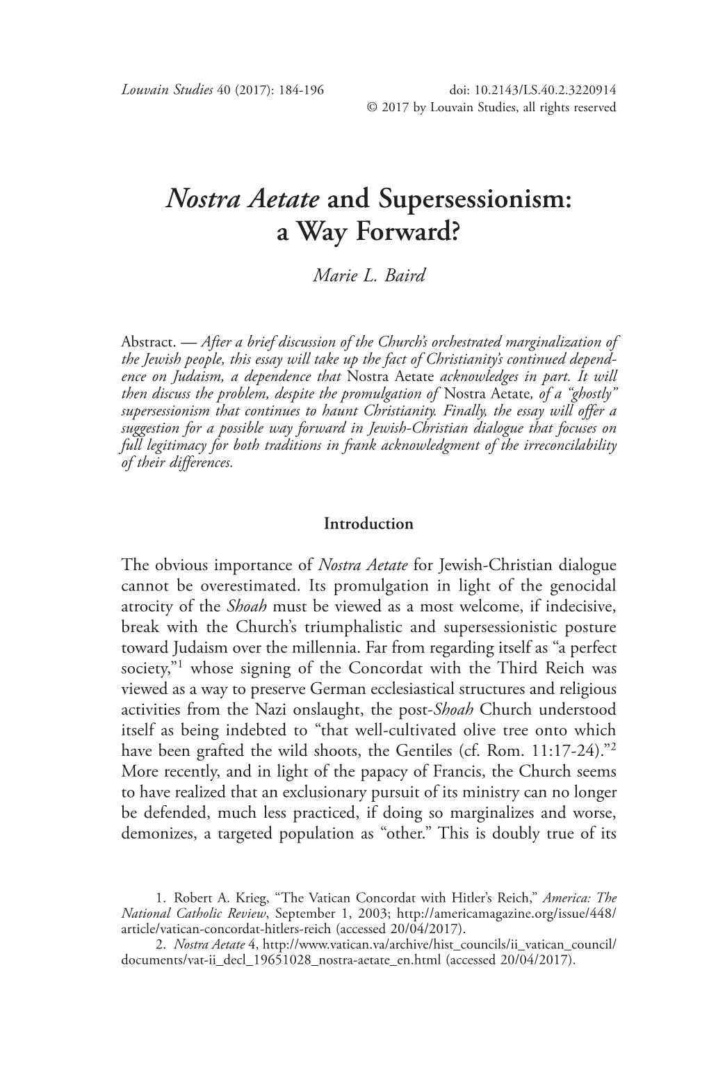 Nostra Aetate and Supersessionism: a Way Forward?