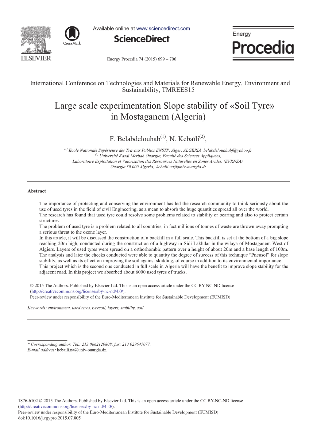 Large Scale Experimentation Slope Stability of «Soil Tyre» in Mostaganem (Algeria)
