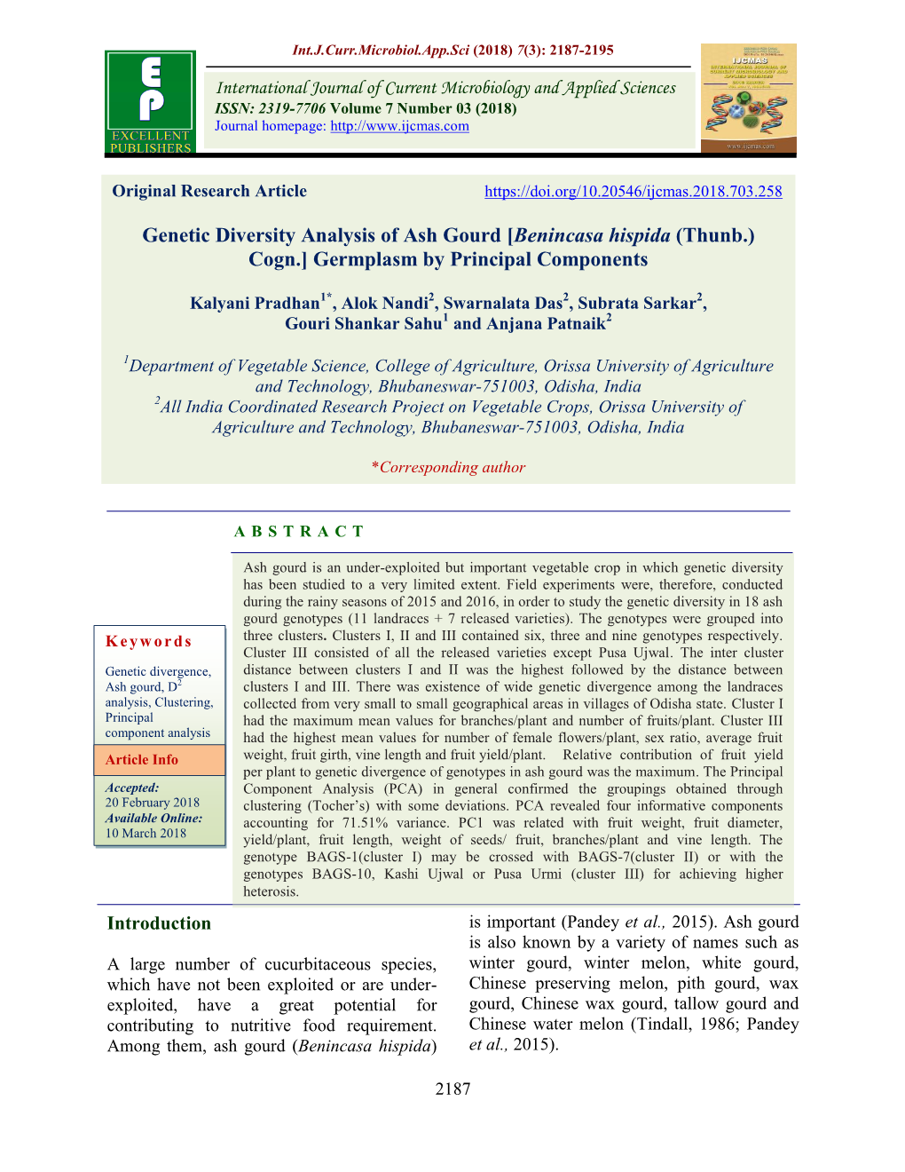 Genetic Diversity Analysis of Ash Gourd [Benincasa Hispida (Thunb.) Cogn.] Germplasm by Principal Components
