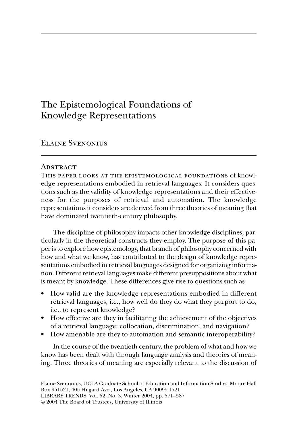 The Epistemological Foundations of Knowledge Representations